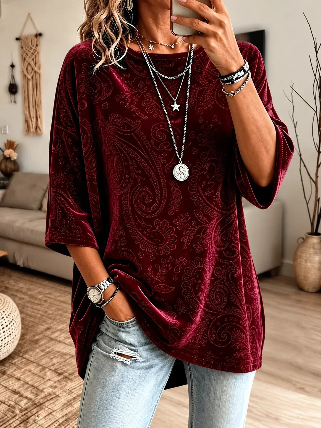 Casual Floral Crew Neck Three Quarter Sleeve T-shirt