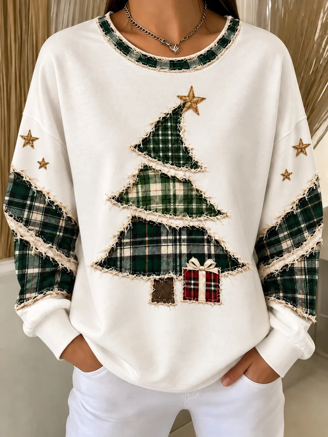 Casual Cozy Plaid Crew Neck Long Sleeve Sweatshirt