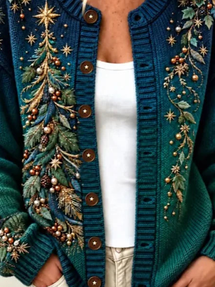 Women Elegant Christmas Tree Long Sleeve Comfy Vintage Cardigan