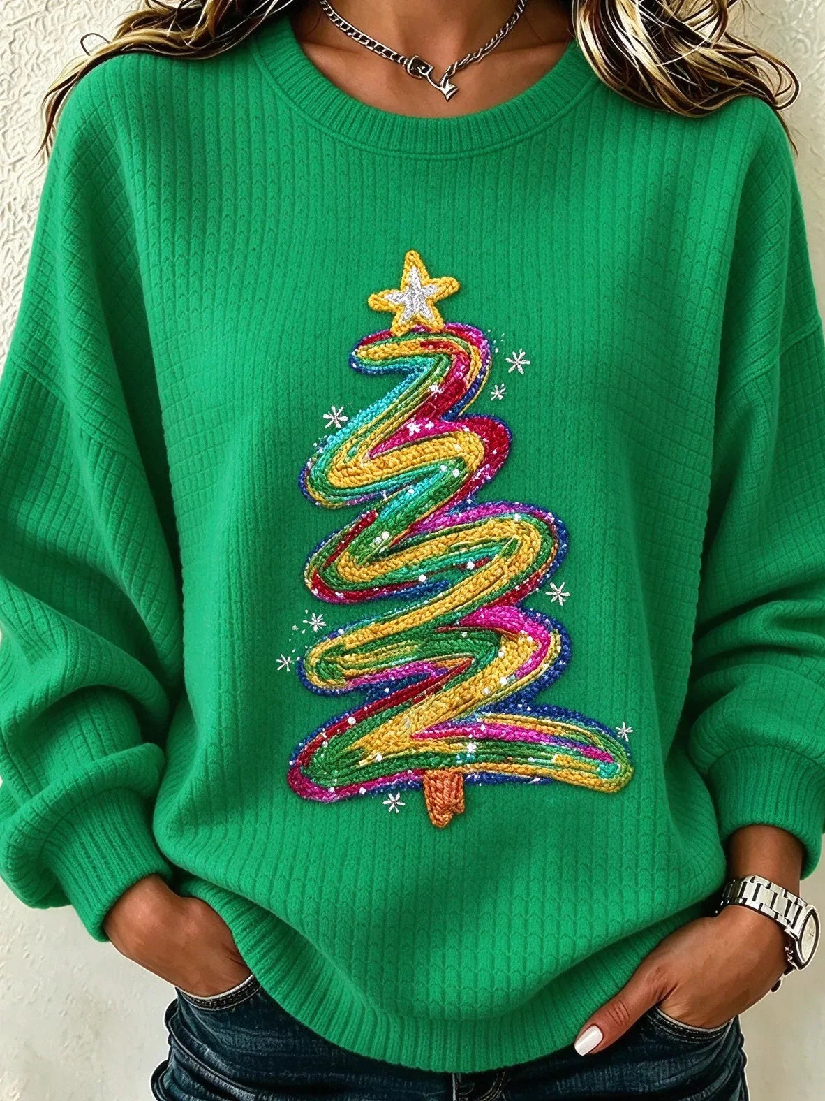 Sparkly Casual Christmas Tree Crew Neck Long Sleeve Sweatshirt