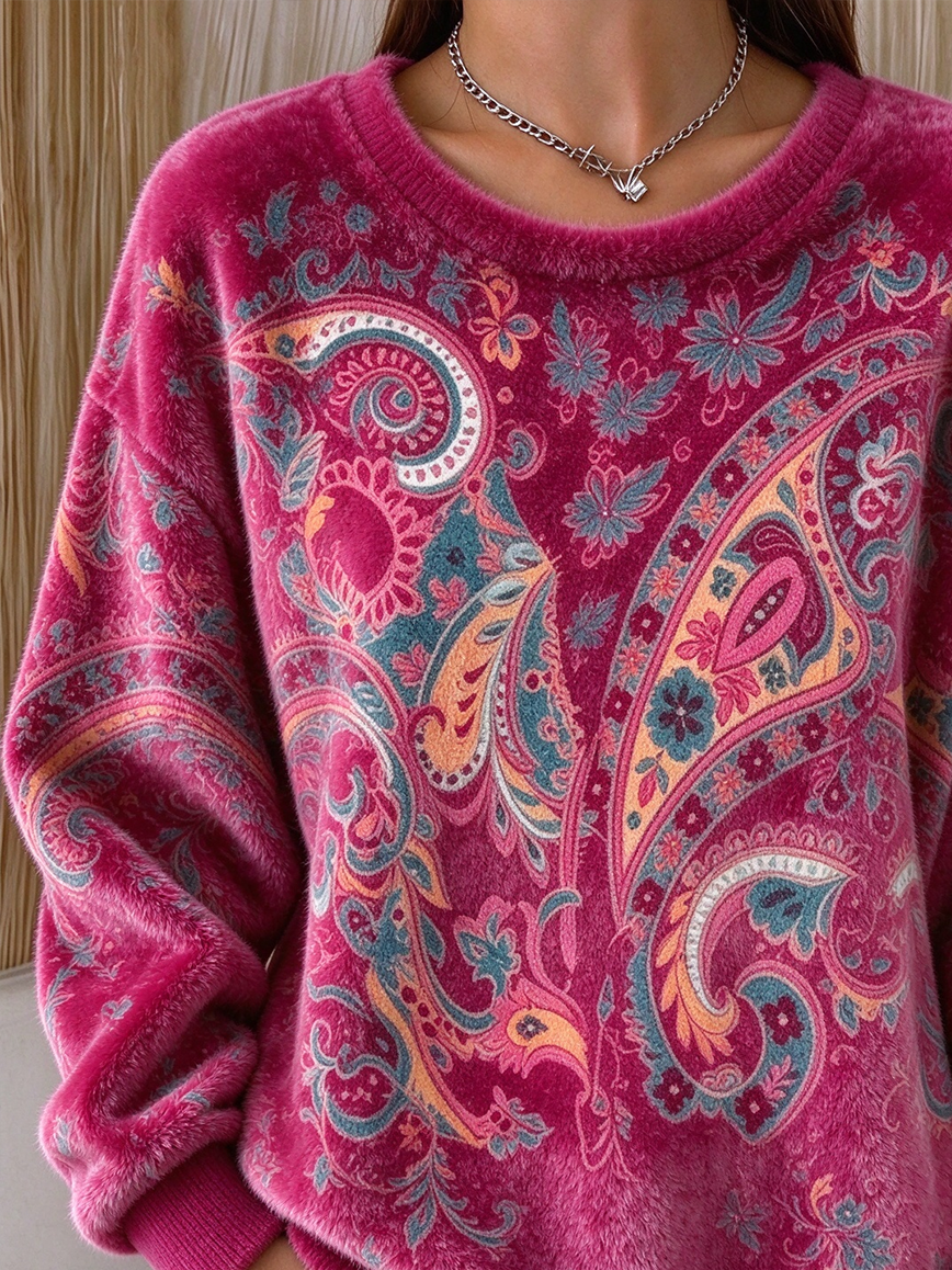 Casual Floral Boho Paisley Crew Neck Long Sleeve Sweatshirt