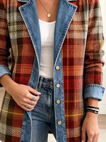 Retro Plaid Pattern Edgy Art Casual Denim Patchwork Stylish Long Sleeve Coat