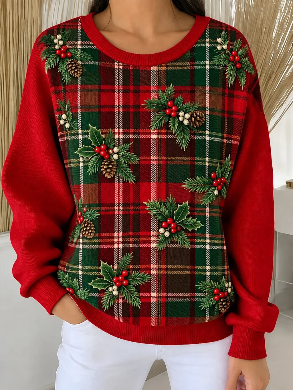 Women Festive Plaid Three Dimensional Crew Neck Spring Fall Long Sleeve Sweatshirt