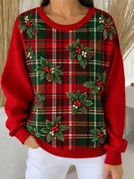 Women Festive Plaid Three Dimensional Crew Neck Spring Fall Long Sleeve Sweatshirt