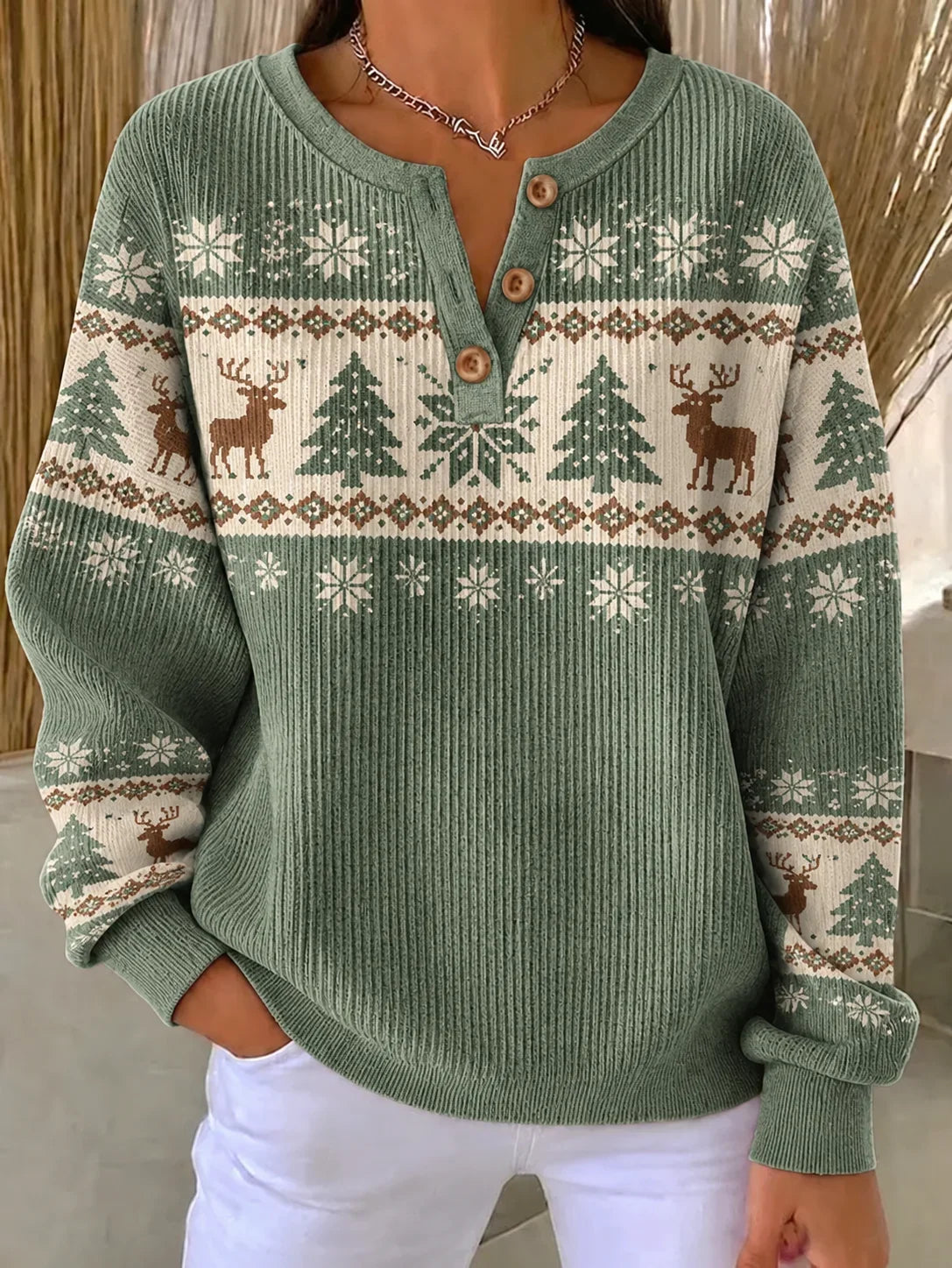 Casual Christmas Tree Henley Collar Long Sleeve Sweatshirt