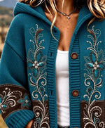 Women Wool Knit Floral Long Sleeve Comfy Casual Buckle Cardigan