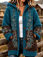 Women Wool Knit Floral Long Sleeve Comfy Casual Buckle Cardigan