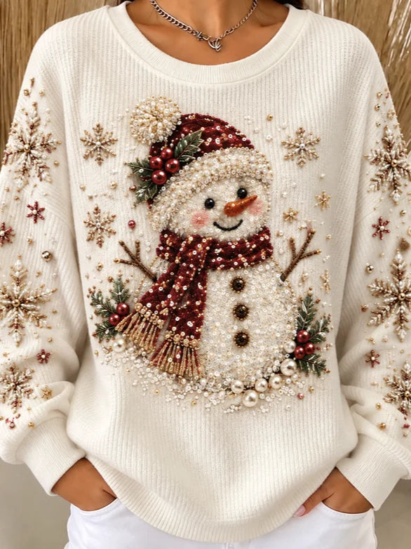 Casual Christmas Beaded Snowman Crew Neck Long Sleeve Sweatshirt