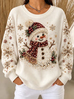 Casual Christmas Beaded Snowman Crew Neck Long Sleeve Sweatshirt
