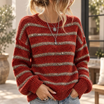 Women Vintage Geometric Stripe Art Jacquard Crew Neck Sweater