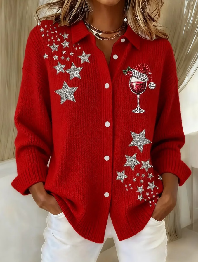 Women Christmas Snowflake Wine Glass Art Pattern Print Knit Cardigan