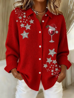 Women Christmas Snowflake Wine Glass Art Pattern Print Knit Cardigan