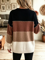 Women Color Block Striped Crew Neck Long Sleeve Knit Sweater