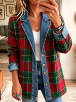 Edgy Women Lapel Button Down Casual Plaid Denim Spliced Blazer Jacket Outerwear