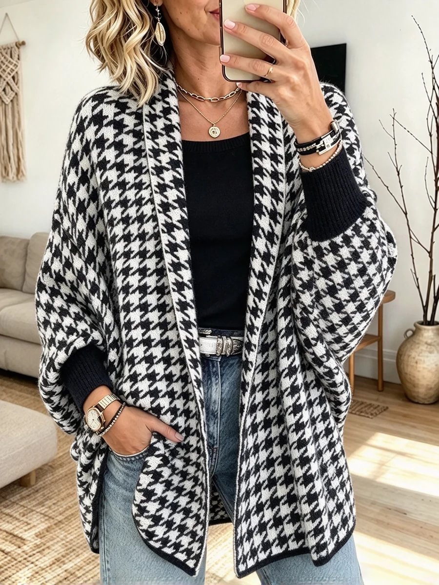 Chic Cozy Elegant Houndstooth Knitted Autumn Cardigan