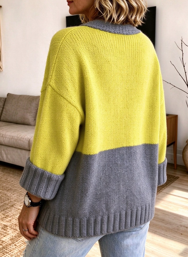 Women Color Block V Neck Knit Casual Cardigan