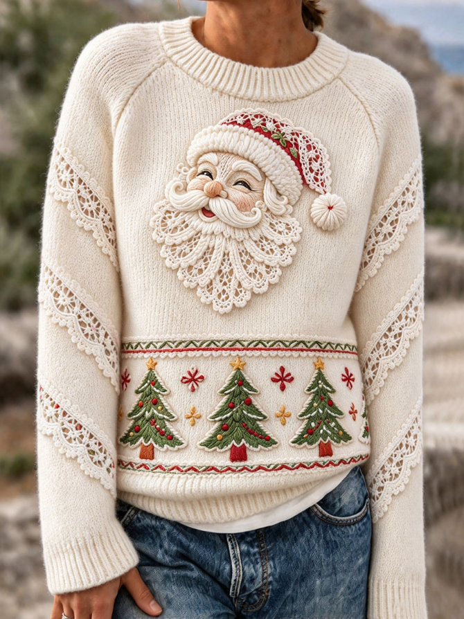 Women Santa And Christmas Tree Lace Knit Sweater