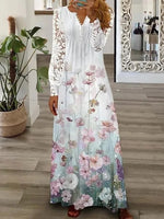 Lace Floral V-neck Long Sleeve Loose Casual Maxi Dress