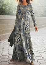 Vintage Paisley Crew Neck Long Sleeve A-line Lightweight Maxi Dress