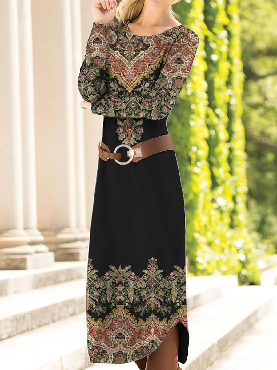 Long Sleeve Spring Fall Ethnic Dress Crew Neck Maxi H-Line T-Shirt Dress