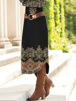 Long Sleeve Spring Fall Ethnic Dress Crew Neck Maxi H-Line T-Shirt Dress