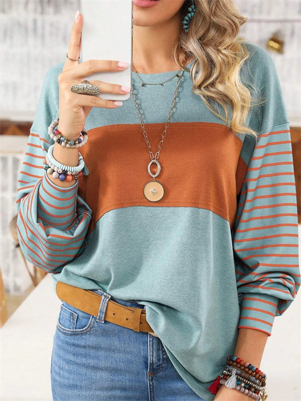 Striped Crew Neck Long Sleeve Loose Blouse