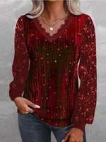 Casual Vintage Sequins V Neck Long Sleeve Loose Blouse