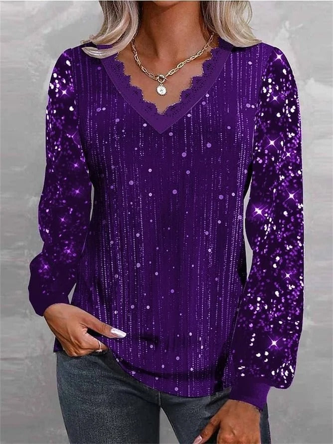 Casual Vintage Sequins V Neck Long Sleeve Loose Blouse