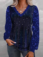 Casual Vintage Sequins V Neck Long Sleeve Loose Blouse