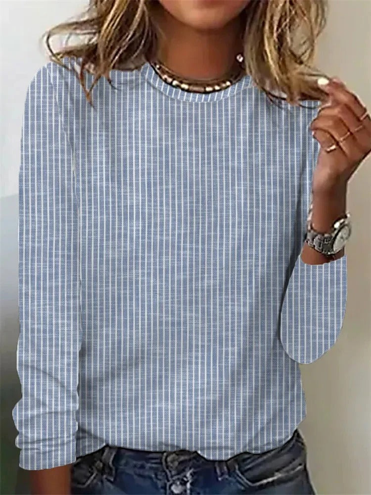 Stripe Elegant Personality Round Neck Long Sleeve Casual Blouse