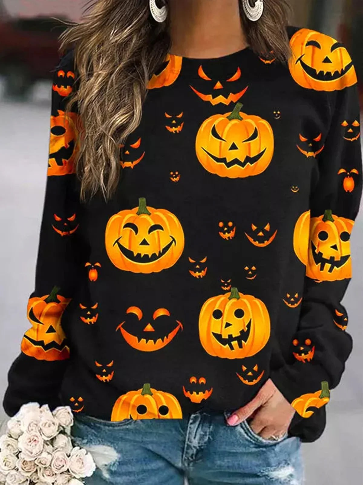 Halloween Pumpkin Print Loose Casual Crew Neck Sweatshirt