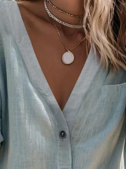Plain Shirt Collar Short Sleeve Casual Blouse