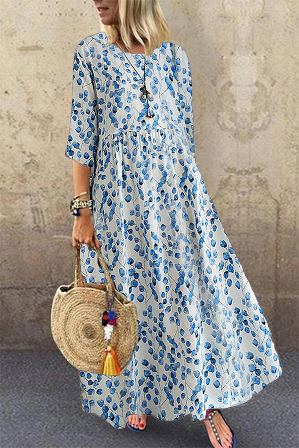 Cotton Half Sleeve Loose Floral Pattern Maxi Dress