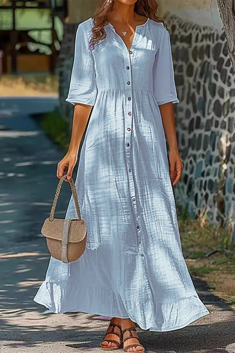 Half Sleeve Cotton Button-Down Loose Maxi Dress