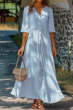 Half Sleeve Cotton Button-Down Loose Maxi Dress