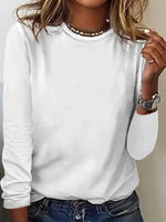 Plain Cotton-Blend Crew Neck Long Sleeve Simple Blouse