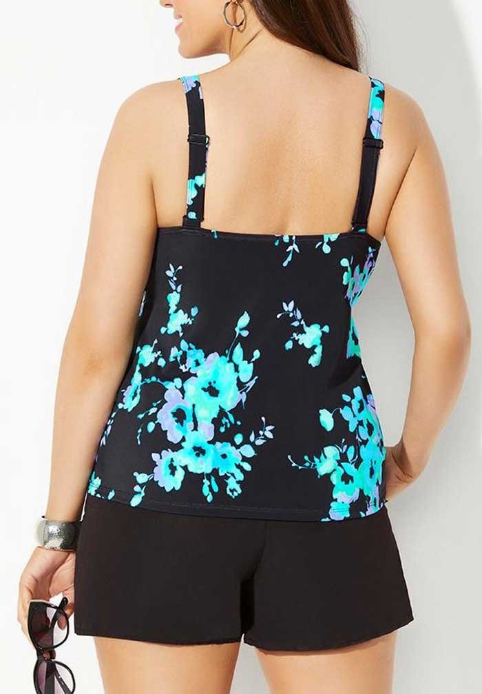 Floral Print Scoop Neck with Cargo Shorts Tankini Set