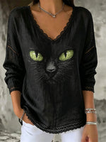 Women's Halloween Black Cat Face Print Lace V Neck Long Sleeve Blouse