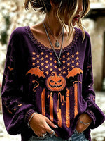 Women's Halloween Purple Pumpkin Bat Star Print V Neck Lace Trim Long Sleeve Blouse