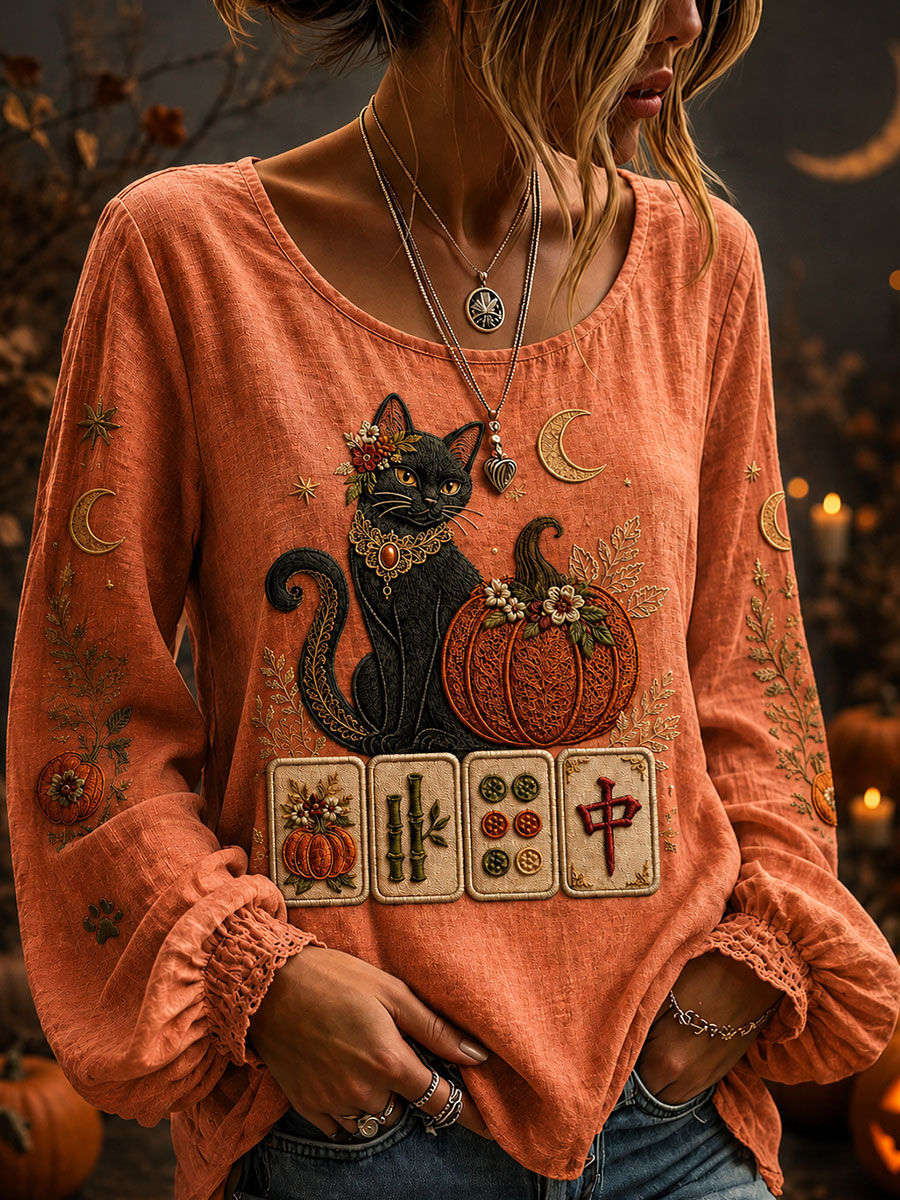 Women's Halloween Orange Black Cat Pumpkin Mahjong Print Round Neck Long Sleeve Blouse