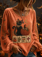 Women's Halloween Orange Black Cat Pumpkin Mahjong Print Round Neck Long Sleeve Blouse