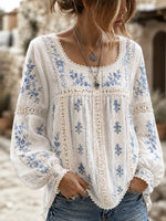 Women's White Blue Floral Lace Square Neck Long Sleeve Blouse