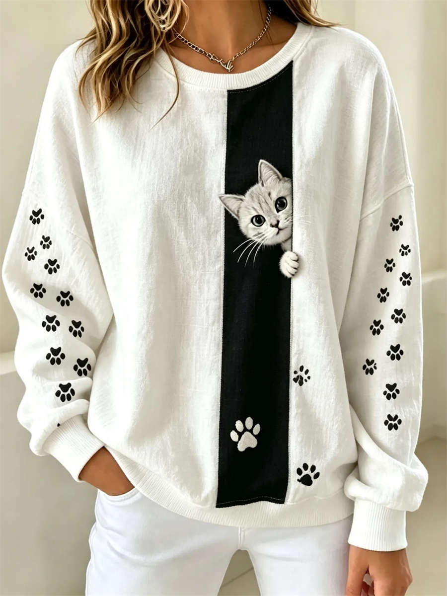 Women's White Peeking Cat Paw Print Round Neck Long Sleeve Sweatshirt