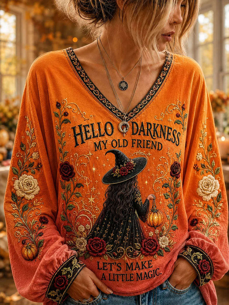Women's Halloween Orange Witch Floral Letter Print V Neck Long Sleeve Top