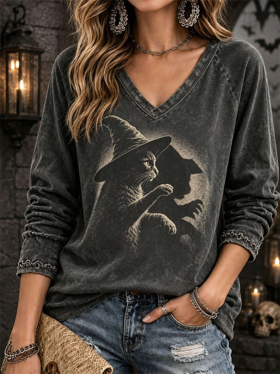 Women's Halloween Dark Grey Witch Cat Print V Neck Long Sleeve Top