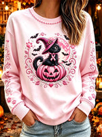 Women's Halloween Pink Black Cat Pumpkin Print Round Neck Long Sleeve Sweatshirt
