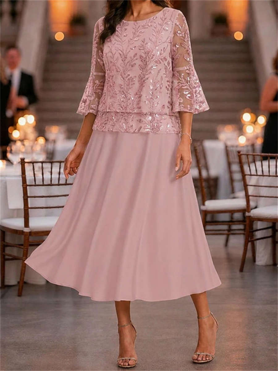 Women's Dusty Pink Leaf Lace Print Round Neck 3/4 Sleeve Midi Dress