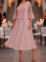 Women's Dusty Pink Leaf Lace Print Round Neck 3/4 Sleeve Midi Dress