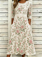 Women's Beige Rose Floral Print Lace Trim Round Neck 3/4 Sleeve Midi Dress