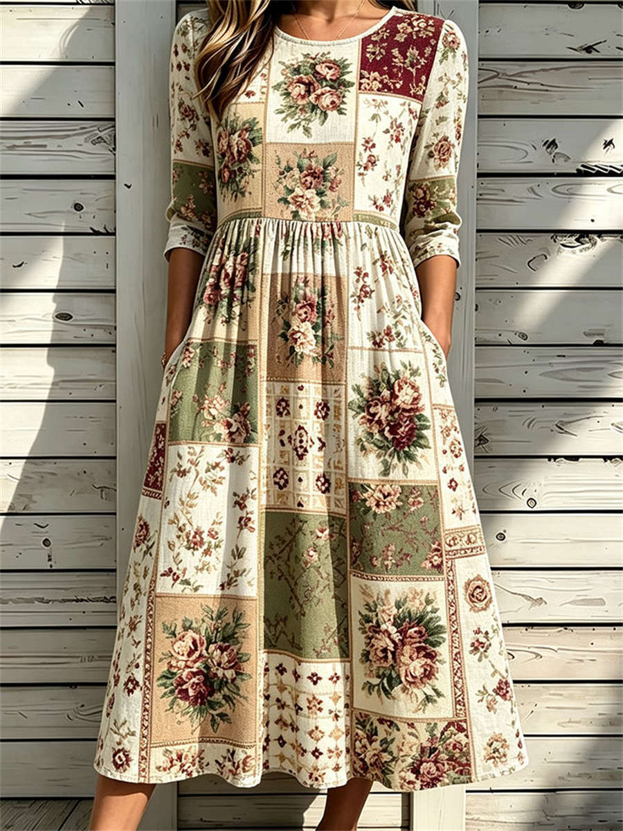 Women's Multi Patchwork Floral Print Round Neck 3/4 Sleeve Midi Dress